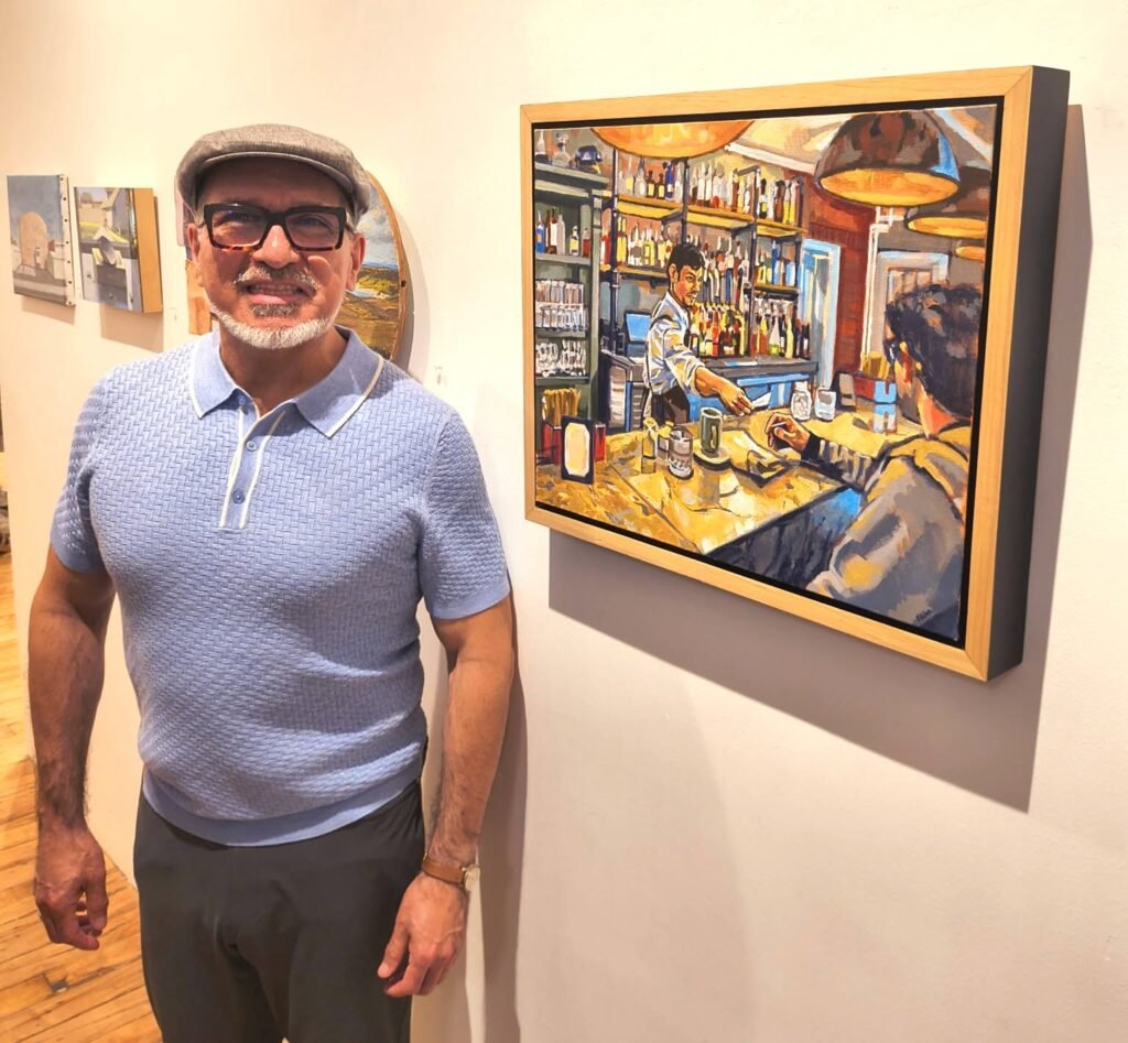 Francisco Silva in front of his painting "Tab for 2, Under the Moon" at First Street Gallery in Chelsea, NYC.