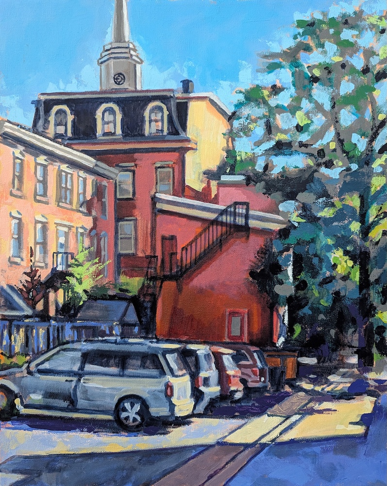 ong Purple Shadows, Church Street, an acrylic painting by aritst Francisco Silva