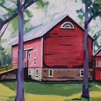 Red Barn With Purple Trees, a plein air oil painting by artist Francisco Silva